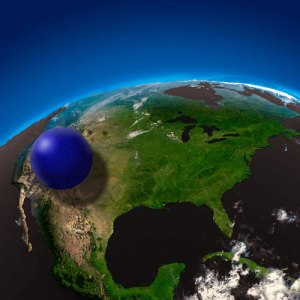 Sattelite view of North America showing a vast ball of water hanging in space.